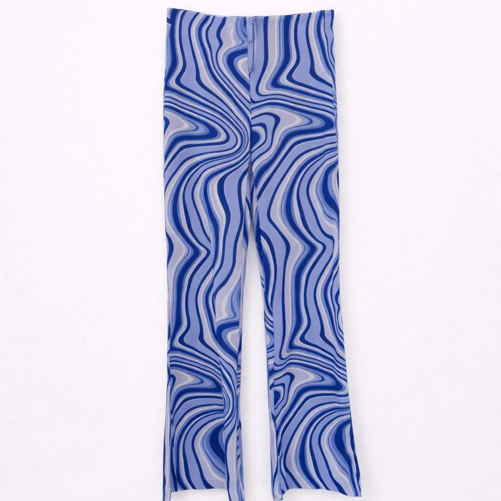 Zara Blue & White Psychedelics Swirl Flare Linen Pants, sz Small
